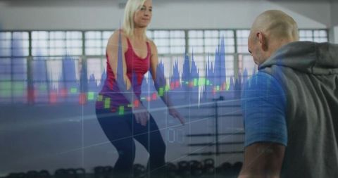 Female Athlete Performing Squat Under Coach Guidance with Financial Data Overlay and Gym Analytics