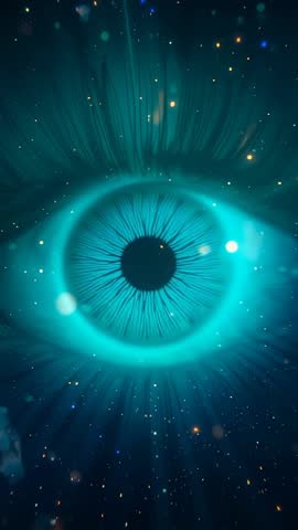 Teal Pulsing Iris in Cosmic Void | Futuristic Luminous Eye Loop Vertical Background