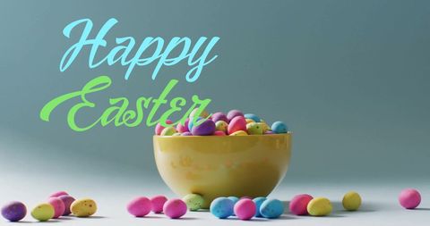 Colorful Easter Eggs in Bowl with Happy Easter Message
