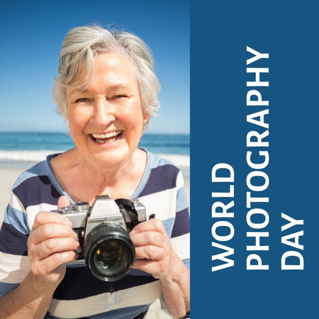 Happy Senior Woman Celebrating World Photography Day on Beach - Download Free Stock Templates Pikwizard.com