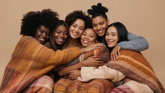 Diverse women hugging and smiling wrapped in cozy knit blankets for autumn warmth