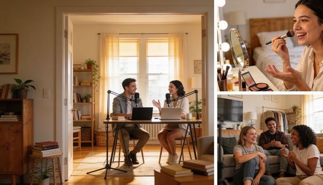 Two hosts recording cozy home podcast with microphones and laptops in sunlit living room