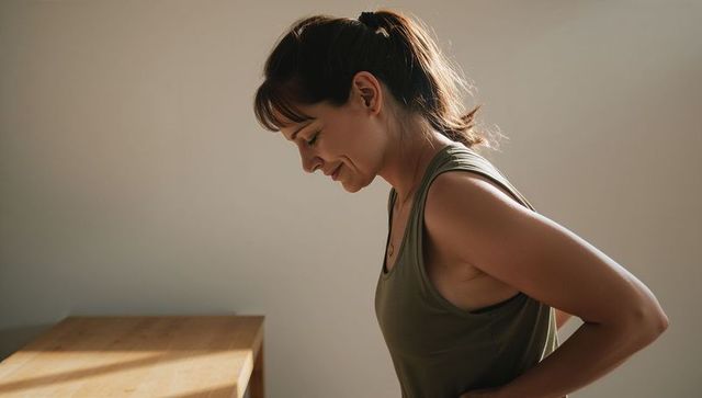 Leaning woman placing hands on lower back near wooden table, sunlit minimal interior