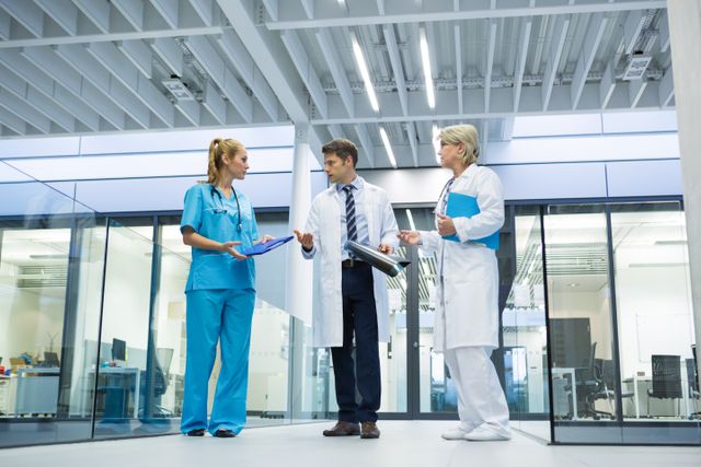 Medical team consisting of doctors and a nurse discussing patient care in a modern hospital corridor. Ideal for use in healthcare, medical teamwork, hospital environment, and professional collaboration contexts.