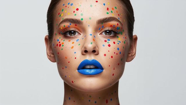 Wearing cobalt lipstick and colorful confetti dots on face beauty portrait closeup