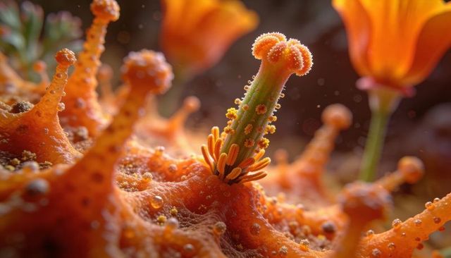 Macro pistil sparkling with dew and pollen on textured orange bloom, vivid botanical detail