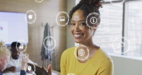 Smiling Businesswoman with Digital Charts in Modern Office