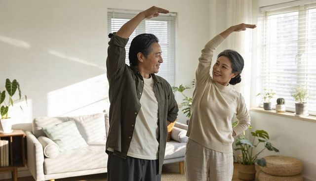 Senior couple stretching together in sunlit living room promoting home wellness routine