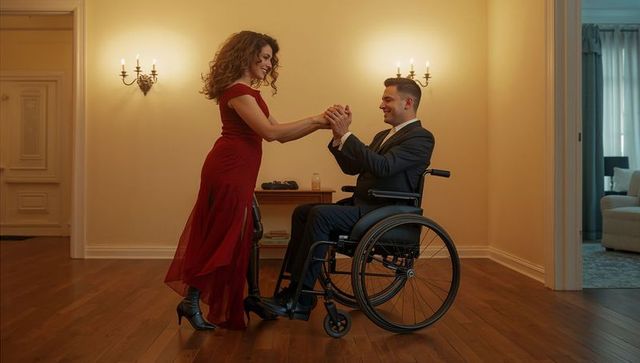 Elegant Couple Dancing in Living Room with Wheelchair