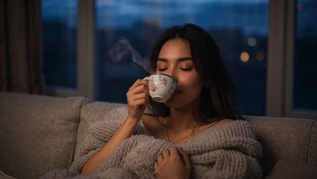 Sipping tea wrapped in chunky knit blanket holding floral porcelain cup at dusk