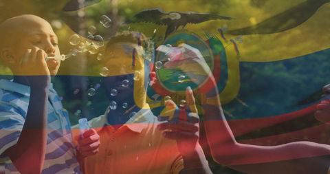 Family blowing bubbles under ecuadorian flag, unity outdoors