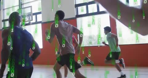 Athletes Running in Gym with Digital Code Overlay