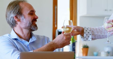 Caucasian Couple Toasting with Wine at Home in Cozy Setting