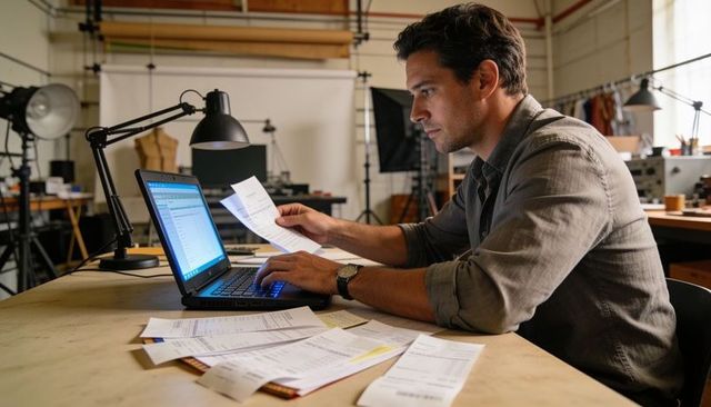 Man reviewing receipts at laptop in studio workspace managing small business finances