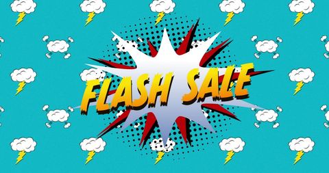 Comic Style Flash Sale Banner with Clouds and Lightning