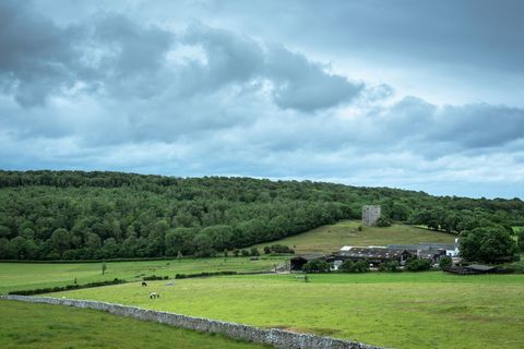Scenic Countryside Landscape with Rolling Hills and Old Tower