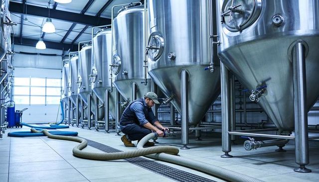 Brewer connecting hose to stainless conical fermentation tank in clean industrial brewery