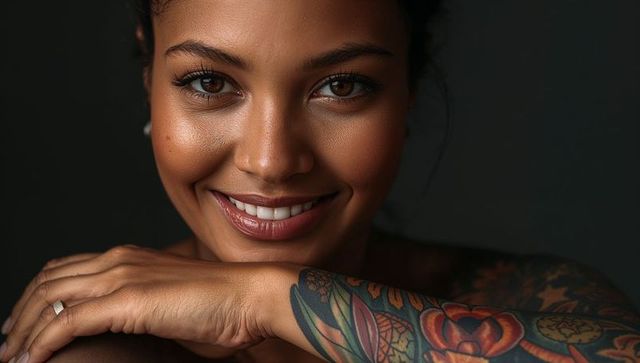 Smiling latina woman resting chin on arms showing colorful floral sleeve tattoo and ring