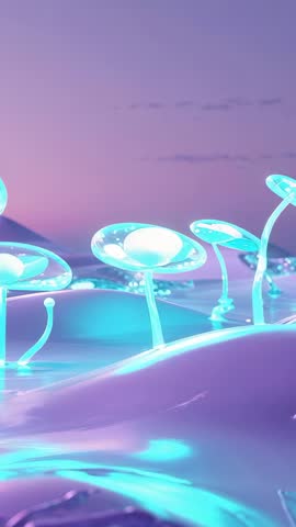 Glowing Translucent Mushrooms Pulsing Across Glossy Cyan Hills — Vertical Fantasy Video Loop