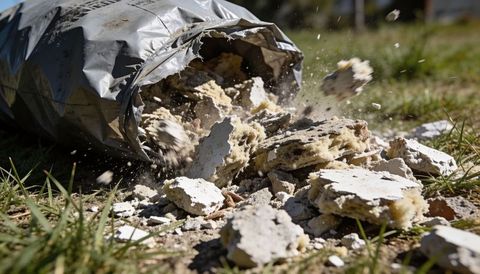 Torn silver bag spilling drywall debris and fiberglass insulation on sunlit lawn, dust flying