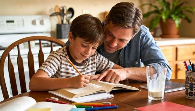 Father guiding son doing homework at kitchen table with books, pencil, glass of milk