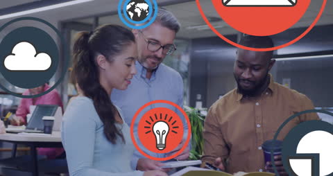 Business Team Collaborating with Technology Icons Overlay