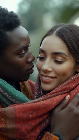 Intimate vertical video capturing couple exchanging tender glances while sharing woven scarf