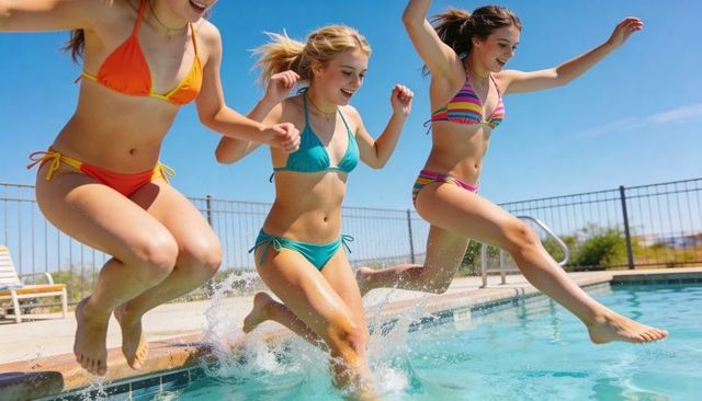 Teen friends jumping into pool in colorful bikinis on sunny summer poolside splash