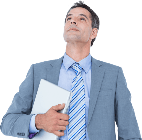 Confident businessman holding laptop on transparent background