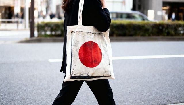 Businesswoman walking with canvas tote featuring red circle graphic on urban street