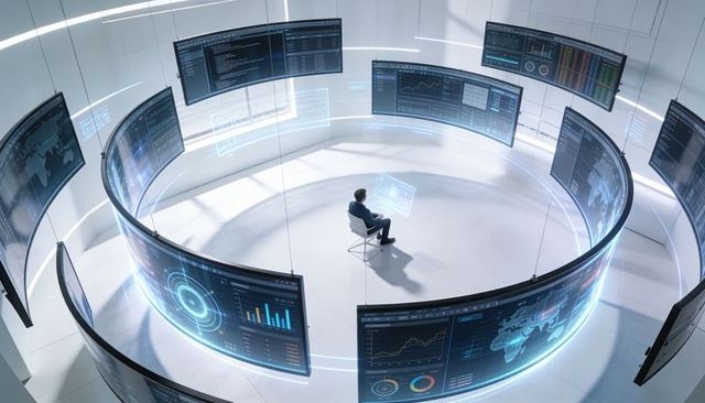Male analyst activating holographic command ring surrounded by circular data dashboards