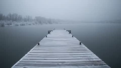Frosted Wooden Pier Stretching into Fog-Covered Winter Lake, Misty Tree Line