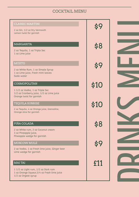 Elegant pink cocktail menu template featuring popular cocktails with prices. Designed for bars, restaurants, and events seeking a stylish and modern drinks menu. Perfect for special occasions, parties, and everyday use in hospitality venues.