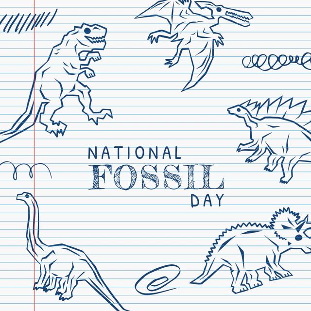 Digital composite image of various dinosaurs drawing with text on lined paper. Digitally generated, animal representation, history, fossil, extinct, history, art, paleontology, national fossil day.