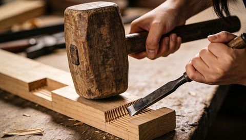 Woodworker chiseling dovetail joint with wooden mallet and chisel on workbench