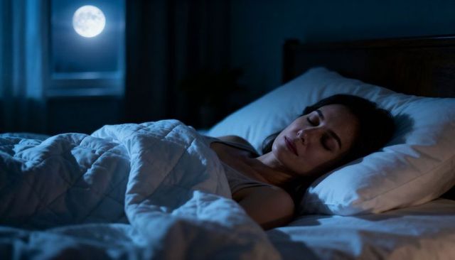 Moonlit sleep: woman resting peacefully on bed under full moonlight in dark bedroom