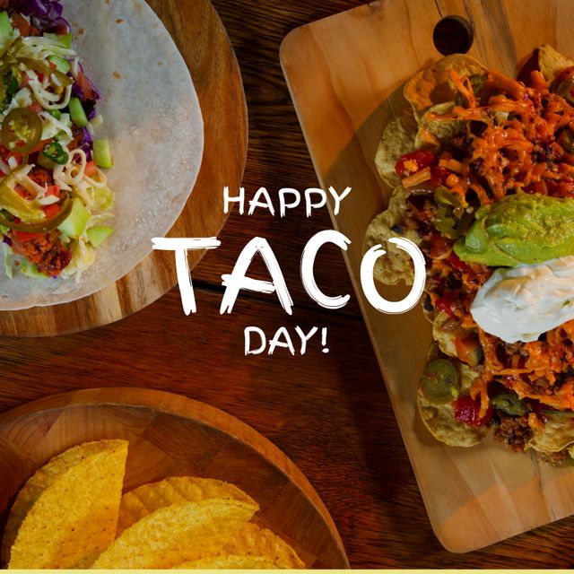 Happy Taco Day Celebration with Assorted Tacos on Wooden Table - Download Free Stock Templates Pikwizard.com