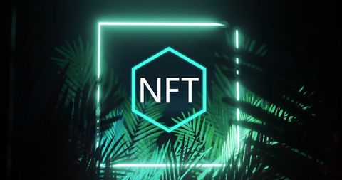 Neon NFT Symbol Above Palm Leaves on Dark Background