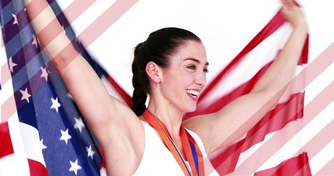 Joyful Woman Celebrating with American Flag and Medal