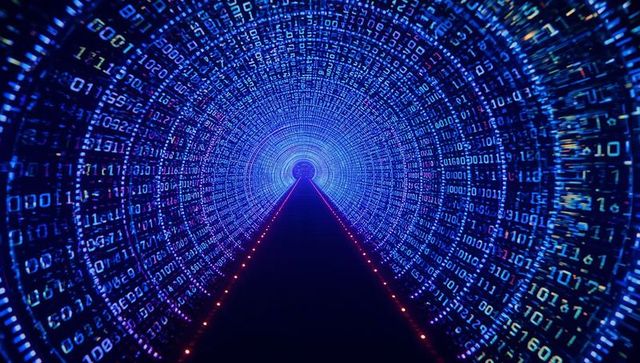 Futuristic cyber data tunnel with glowing binary code