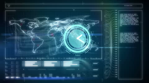 Digital Interface with World Map and Rotating Clock Graphic