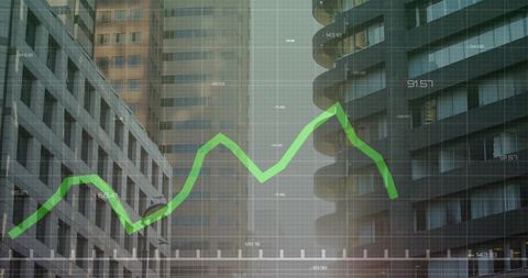Green line graph overlaying downtown skyscrapers showing market analytics and urban finance