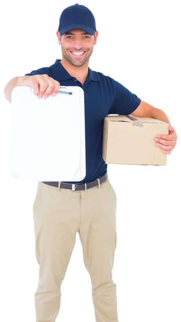 Transparent Delivery Worker Smiling Holding Package and Clipboard - Download Free Stock Videos Pikwizard.com