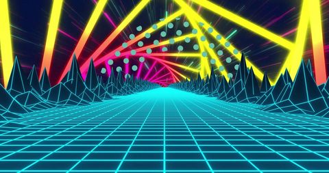 Futuristic neon grid and geometric shapes illustration