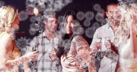 Friends at Party with Floating Coronavirus Cells Concept