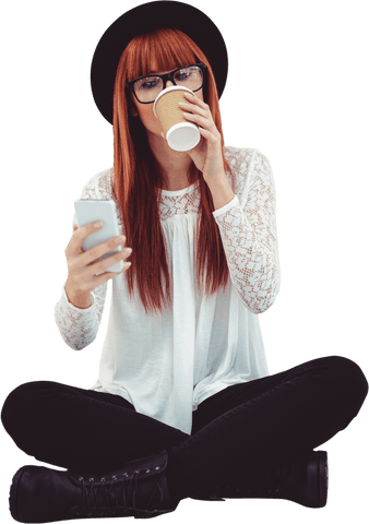 transparent hipster woman drinking coffee and using smartphone - Download Free Stock Videos Pikwizard.com