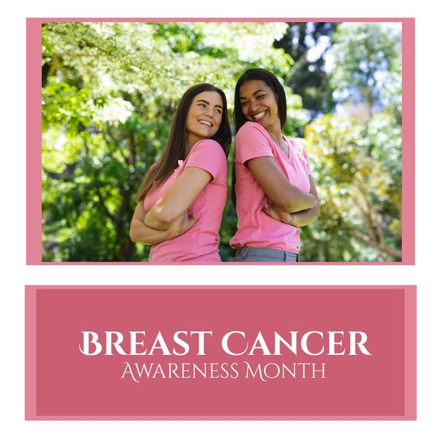 This image is perfect for promoting Breast Cancer Awareness Month, showing unity and diversity with the two women smiling and wearing pink shirts. Use it for social media campaigns, awareness posters, health blogs, or community newsletters to spread awareness and advocate for healthcare. The bright outdoor setting and cheerful expressions highlight positive support and encouragement.
