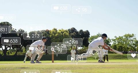 Cricketer Playing Cricket with Social Media Engagement Icons
