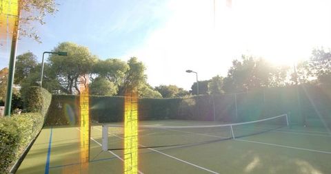 Sun flooding private tennis court with sagging net and tall hedge enclosure