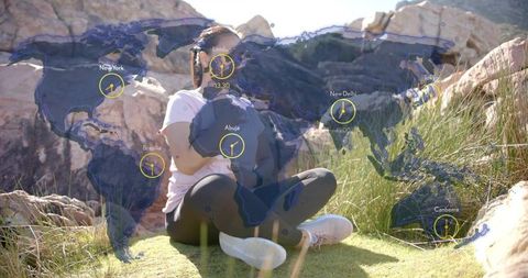 Hiking adventure with global time zones overlay